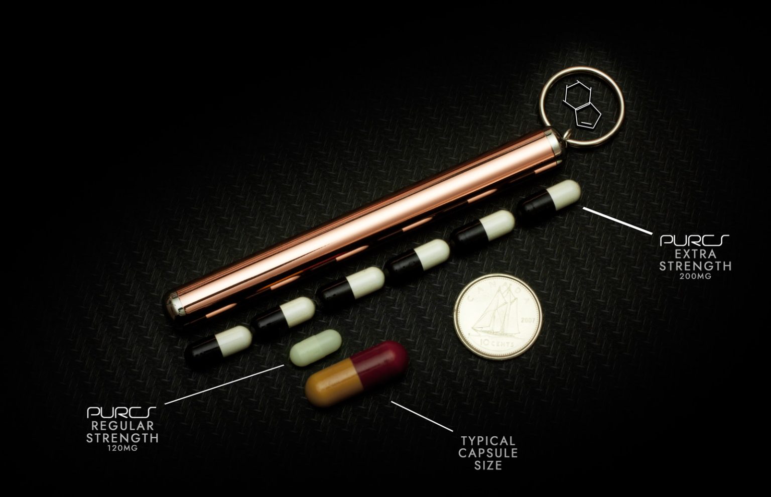 PURCS caffeine capsule size comparison beside a dime and metal vial