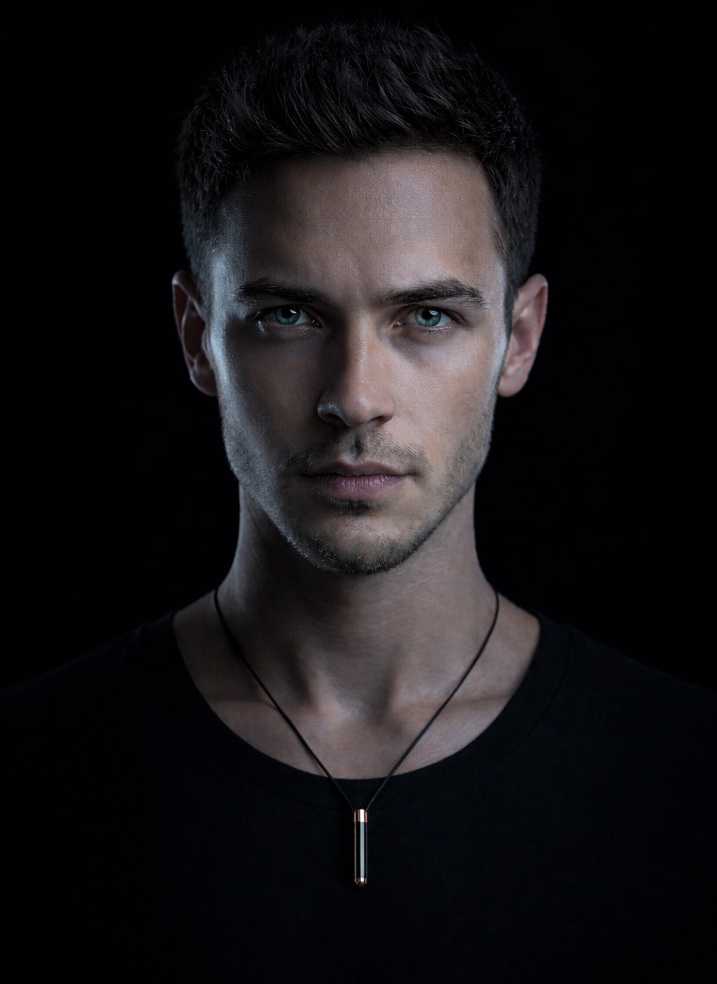 Man wearing a black chrome PURC Caffeine mini vial with rose gold endcaps
